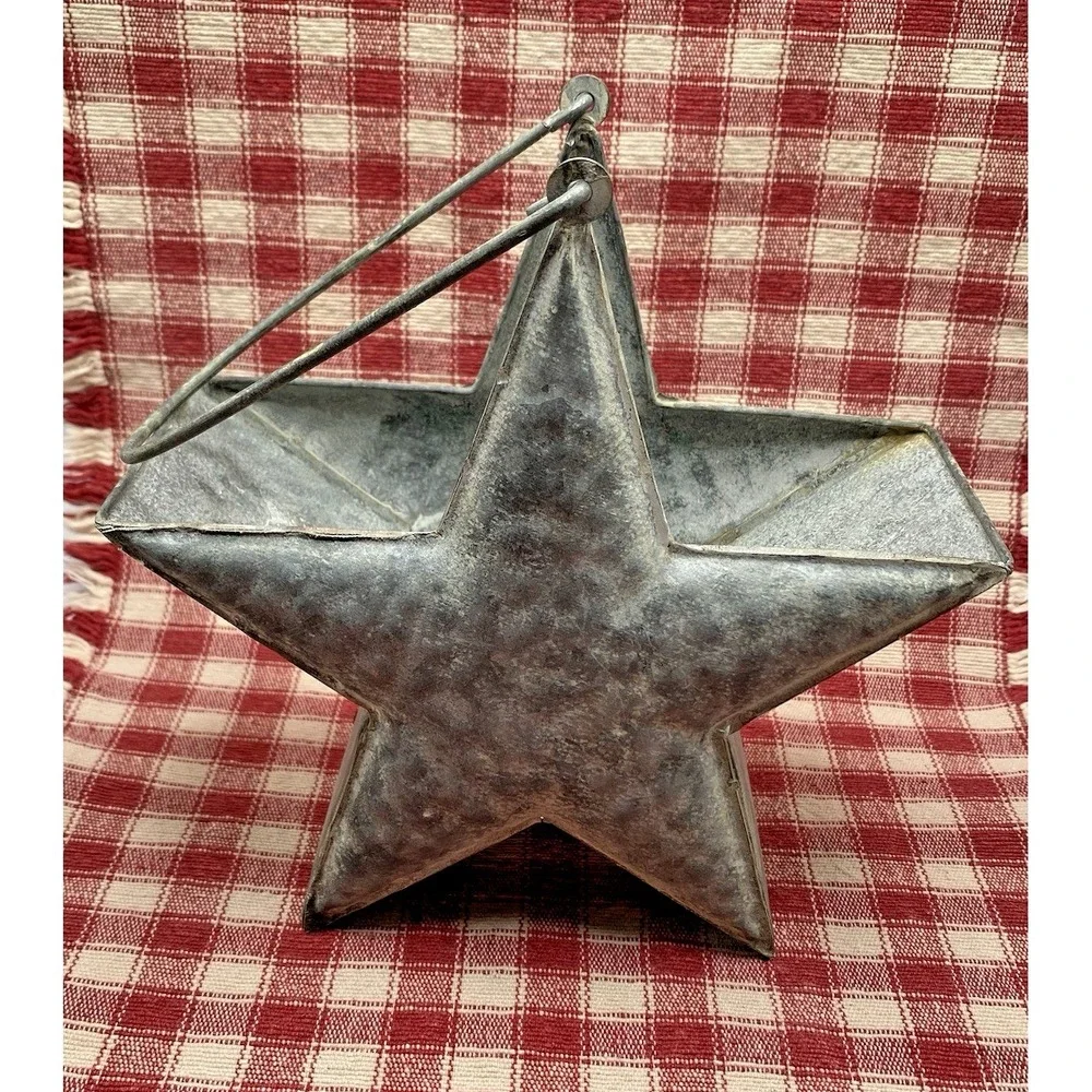 Vintage Rustic Primitive Tin Star Shaped Pail Bucket Farmhouse Americana